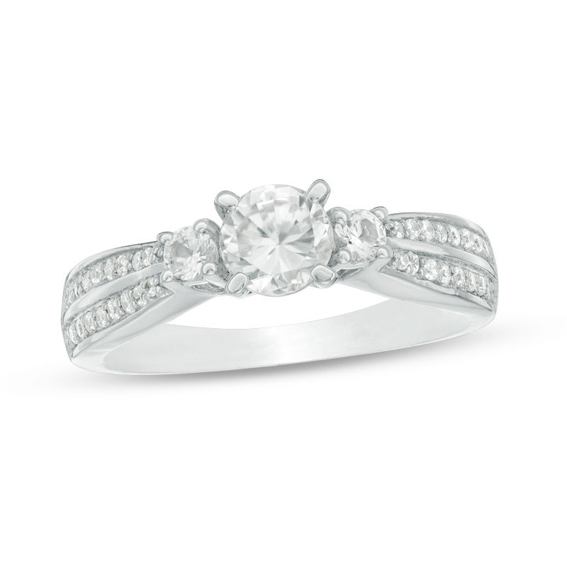 Lab-Created White Sapphire and 0.15 CT. T.W. Diamond Double Row Three Stone Ring in Sterling Silver