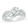 Thumbnail Image 0 of Lab-Created White Sapphire and 0.11 CT. T.W. Baguette Diamond Three Stone Slant Ring in Sterling Silver