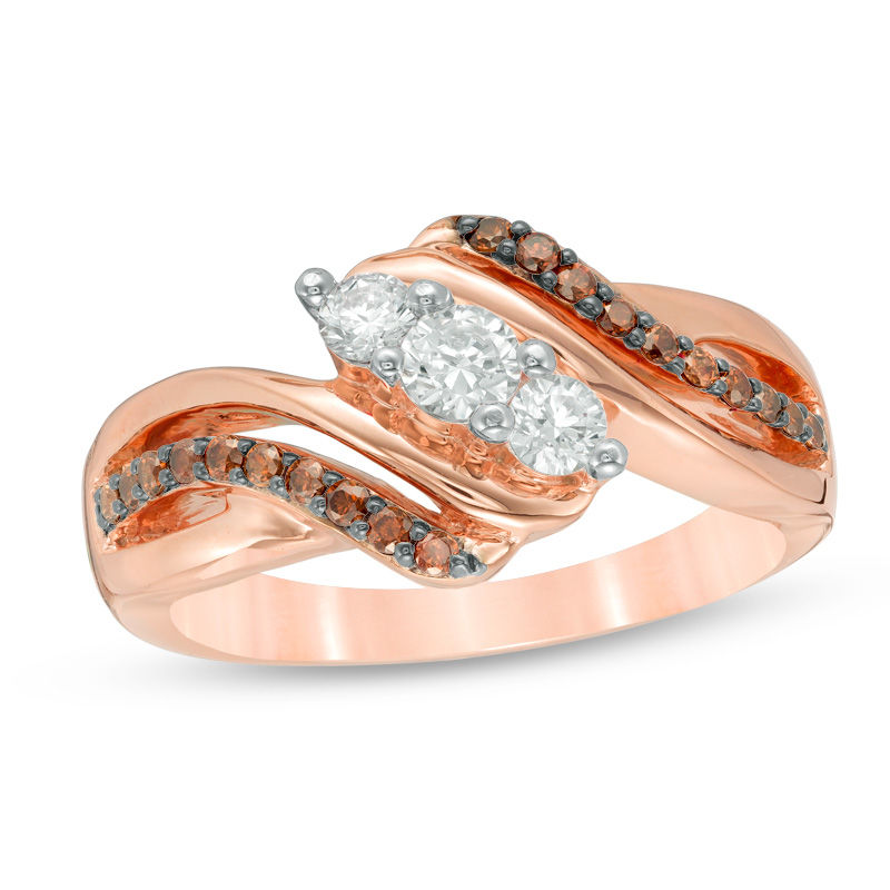 0.45 CT. T.W. Enhanced Champagne and White Diamond Three Stone Bypass Ring in 10K Rose Gold|Peoples Jewellers