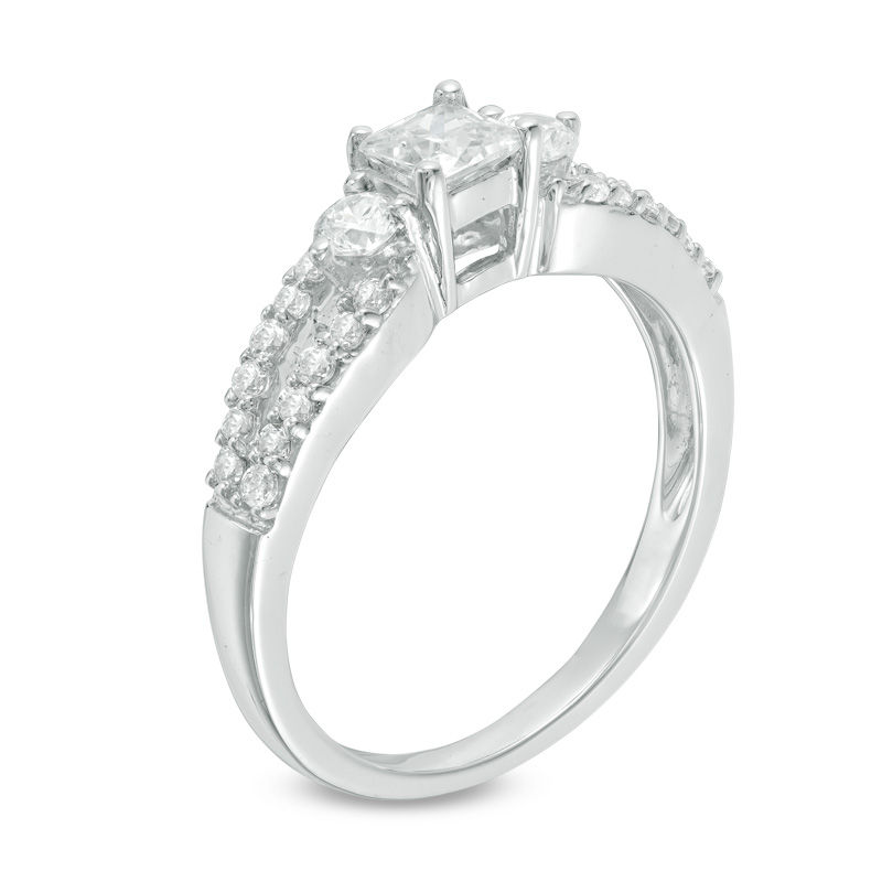 Main Image 2 of 0.70 CT. T.W. Princess-Cut and Round Diamond Three Stone Split Shank Ring in 10K White Gold