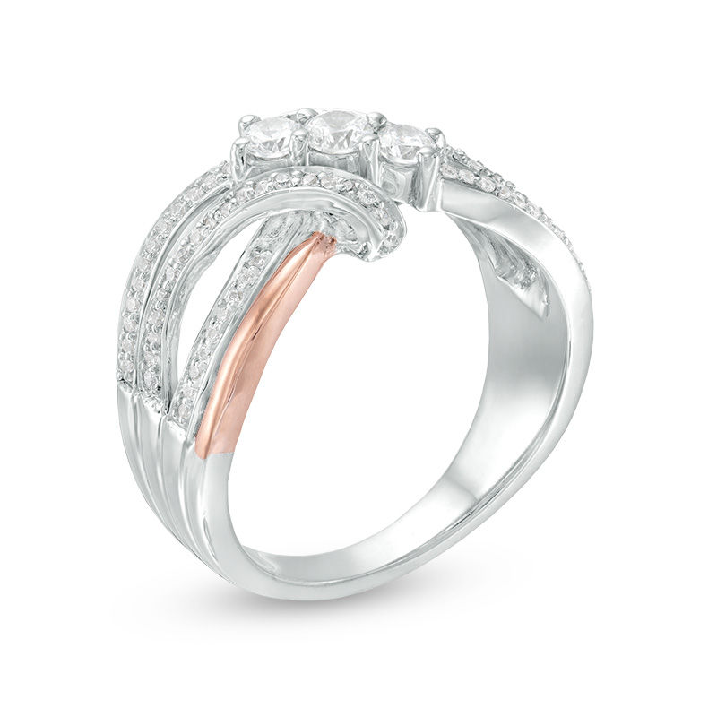Main Image 2 of 0.45 CT. T.W. Diamond Three Stone Layered Crossover Ring in 10K Two-Tone Gold
