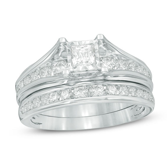 1.00 CT. T.W. Princess Cut Diamond Bridal Set in 10K White Gold