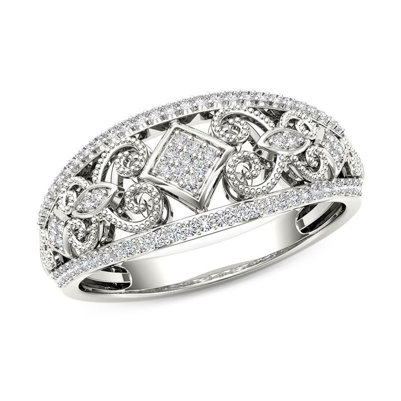 0.18 CT. T.W. Composite Diamond Vintage-Style Tilted Square Filigree Ring in 10K White Gold