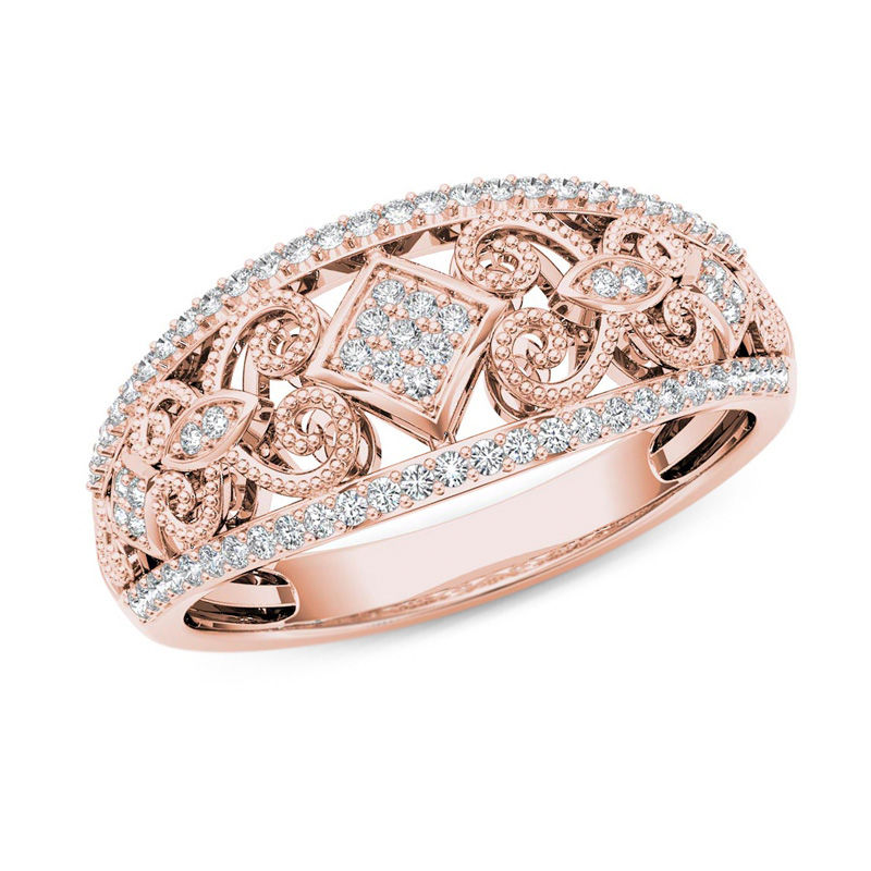 0.18 CT. T.W. Composite Diamond Vintage-Style Tilted Square Filigree Ring in 10K Rose Gold