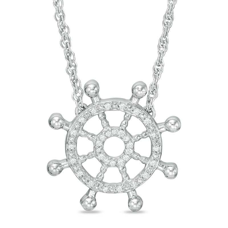 Diamond Accent Nautical Boat Wheel Necklace in Sterling Silver - 17.5"