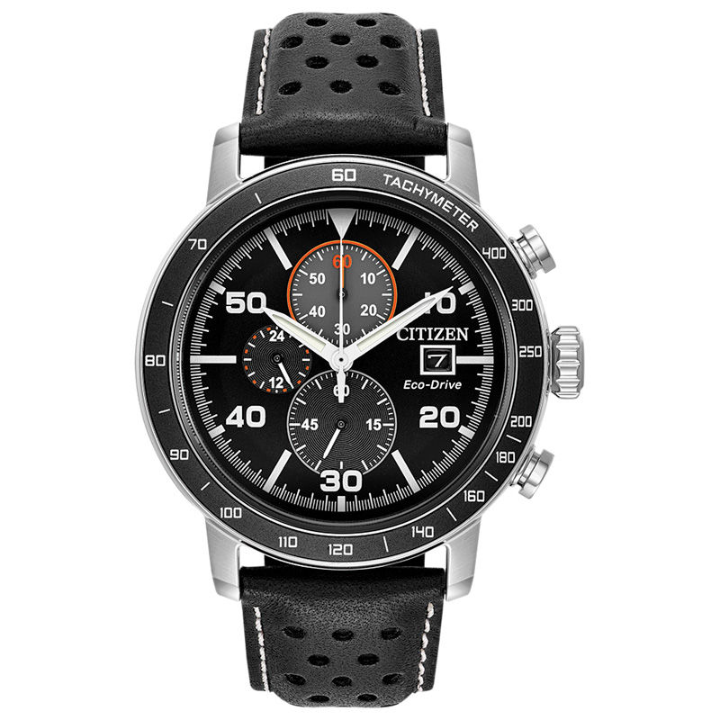 Men's Citizen Eco-Drive® Chronograph Strap Watch with Black Dial (Model: CA0649-14E)|Peoples Jewellers