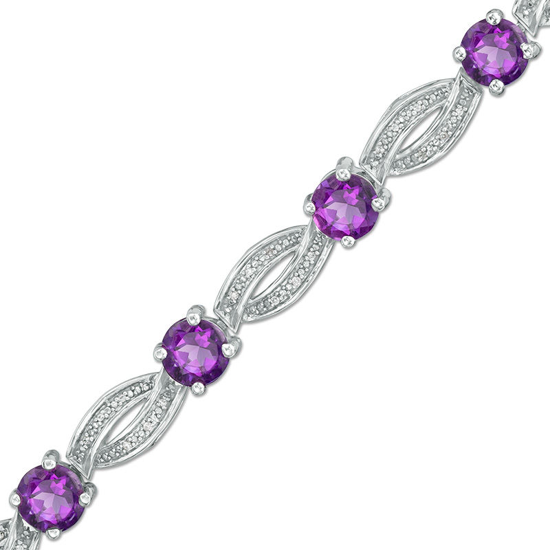 5.5mm Amethyst and 0.18 CT. T.W. Diamond Braid Bracelet in Sterling Silver - 7.25"