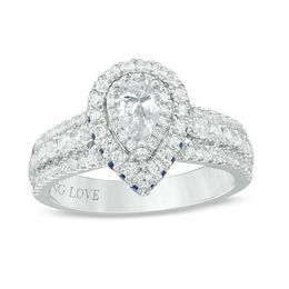 Vera Wang Love Collection 0.95 CT. T.W. Pear-Shaped Diamond and Sapphire Double Frame Engagement Ring in 14K White Gold