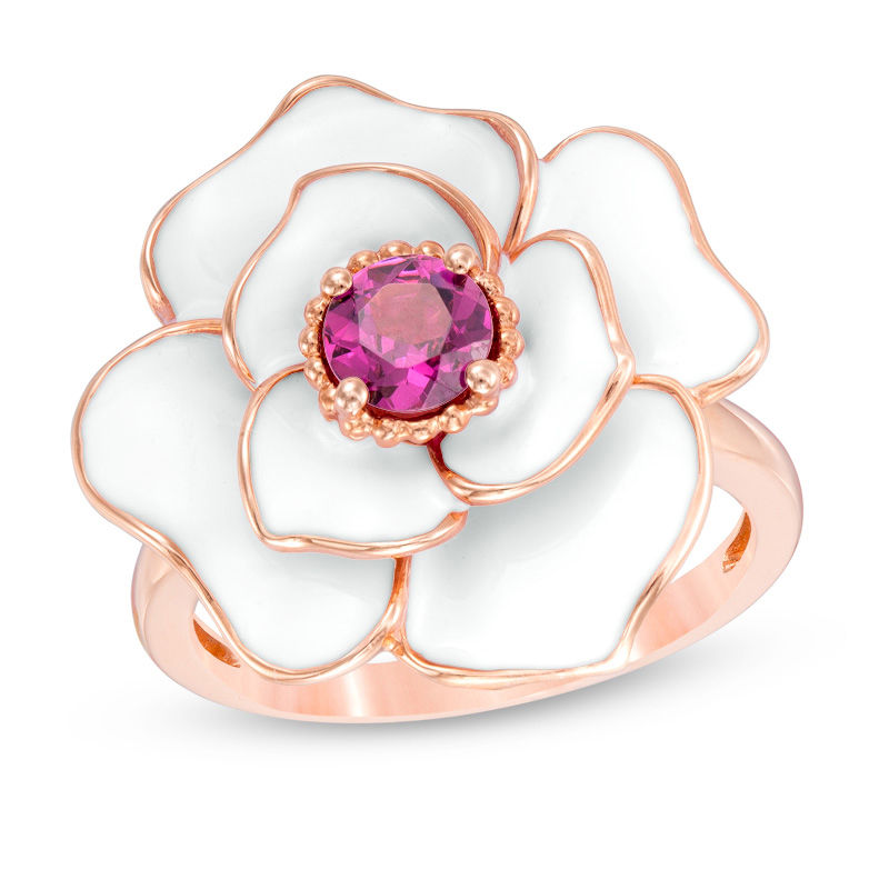 Blöem Rhodolite Garnet with White Enamel Rose Ring in 10K Rose Gold