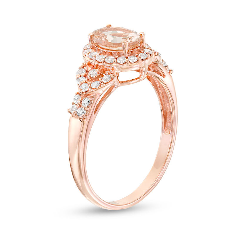 Oval Morganite and White Topaz Frame Petal-Sides Double Row Ring in 10K Rose Gold