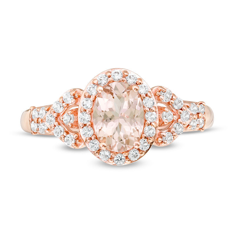Oval Morganite and White Topaz Frame Petal-Sides Double Row Ring in 10K Rose Gold