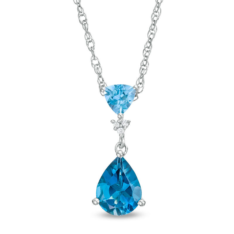 Pear-Shaped London and Swiss Blue Topaz with Lab-Created White Sapphire Double Drop Pendant in Sterling Silver