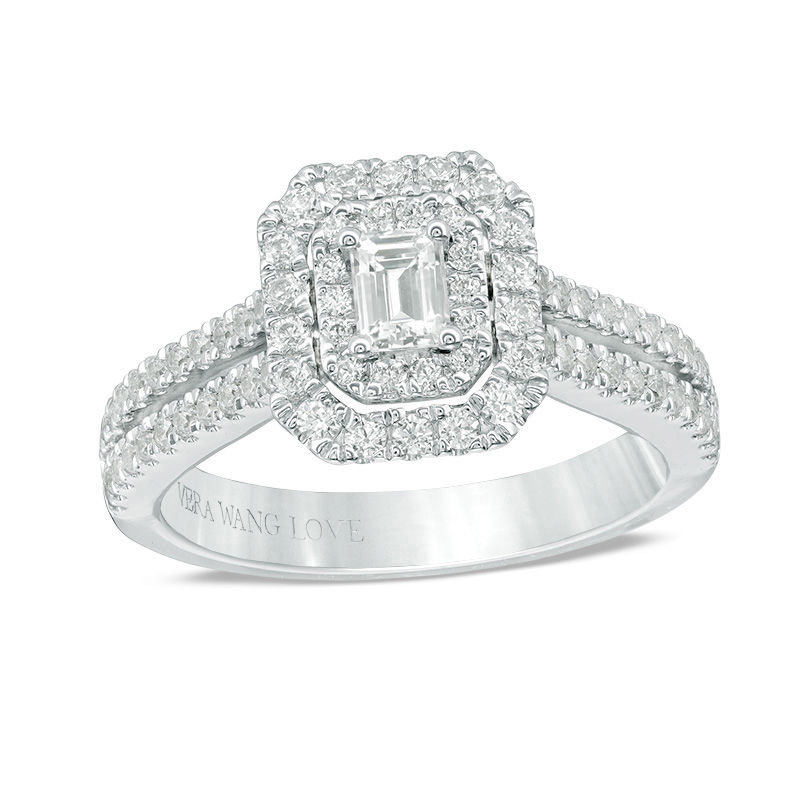 Vera Wang Love Collection 0.95 CT. T.W. Emerald-Cut Diamond Double Frame Engagement Ring in 14K White Gold