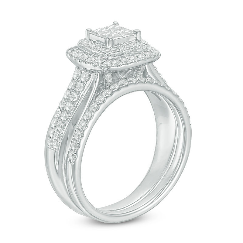 Main Image 2 of 1.00 CT. T.W. Quad Princess-Cut Diamond Double Frame Bridal Set in 10K White Gold