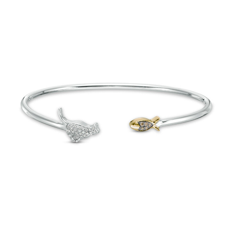 0.12 CT. T.W. Champagne and White Diamond Cat and Fish Flex Bangle in Sterling Silver and 10K Gold