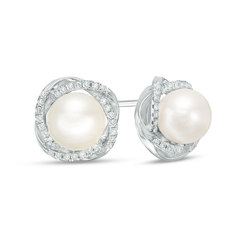 Vera Wang Love Collection 7.5-8.0mm Cultured Freshwater Pearl and 0.18 CT. T.W. Diamond Stud Earrings in Sterling Silver