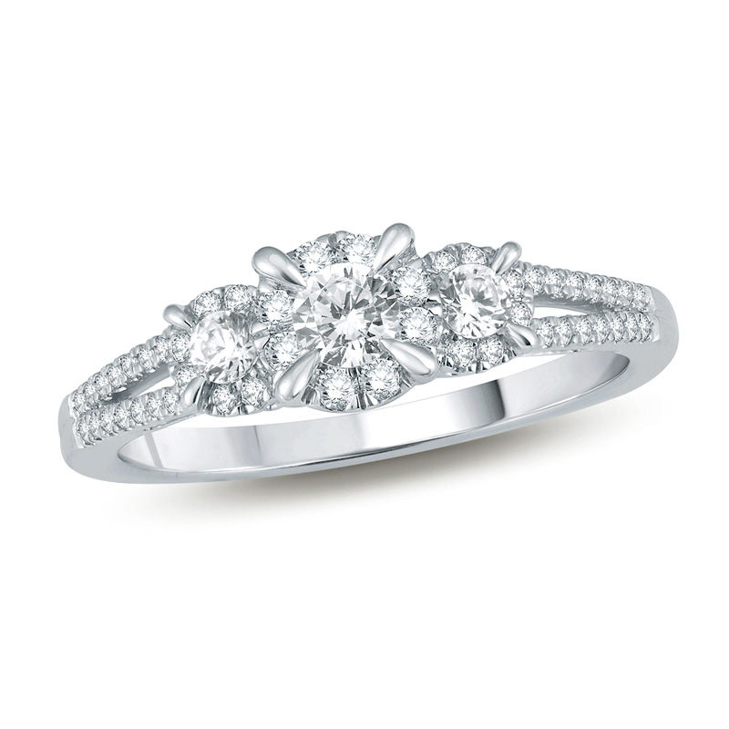 0.23 CT. T.W. Diamond Frame Three Stone Split Shank Promise Ring in 10K White Gold|Peoples Jewellers