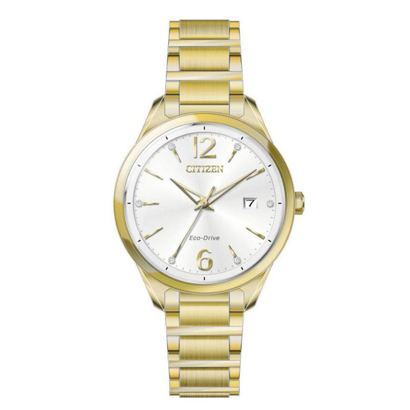Ladies' Citizen Eco-Drive® Crystal Accent Gold-Tone Watch with Silver-Tone Dial (Model: FE6102-53A)