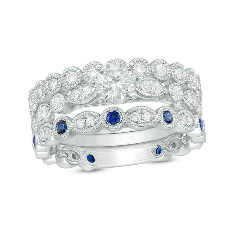 Main Image 1 of 1.11 CT. T.W. Certified Canadian Diamond and Blue Sapphire Bridal Set in 14K White Gold (I/I2)