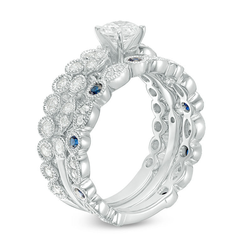 Main Image 2 of 1.11 CT. T.W. Certified Canadian Diamond and Blue Sapphire Bridal Set in 14K White Gold (I/I2)