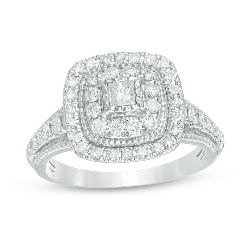 0.70 CT. T.W. Princess-Cut Diamond Double Frame Vintage-Style Engagement Ring in 14K White Gold