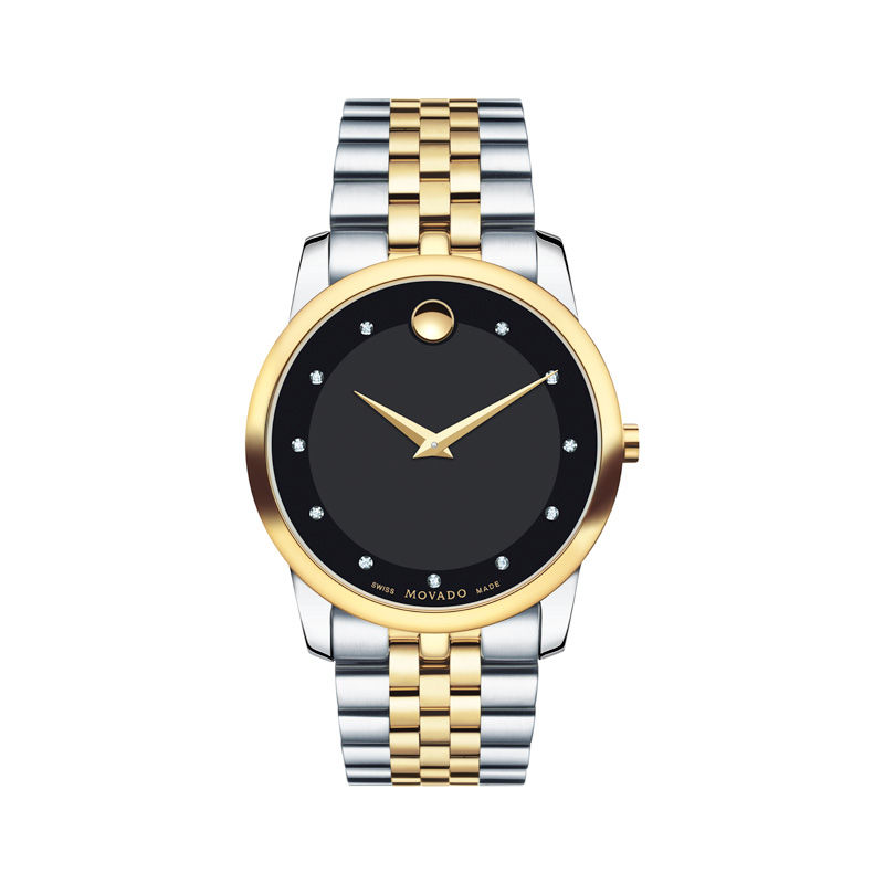 Men's Movado Museum® Classic Diamond Accent Two-Tone Watch with Black Dial (Model: 0606879)|Peoples Jewellers