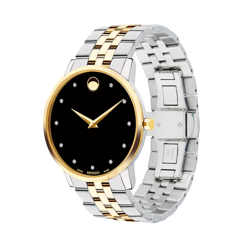 Men's Movado Museum® Classic Diamond Accent Two-Tone Watch with Black Dial (Model: 0606879)|Peoples Jewellers