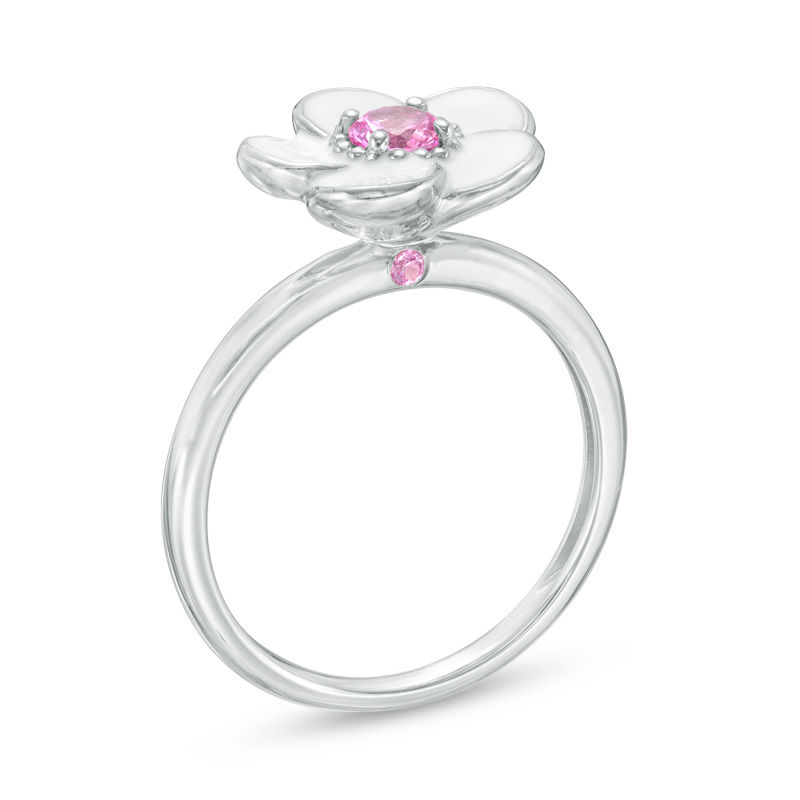 Main Image 2 of Lab-Created Pink Sapphire with White Enamel Plumeria Ring in Sterling Silver