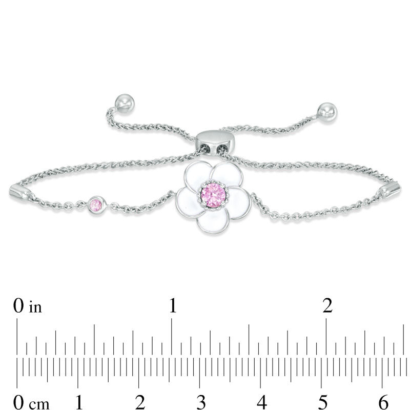 Lab-Created Pink Sapphire with White Enamel Plumeria Bolo Bracelet in Sterling Silver - 9"