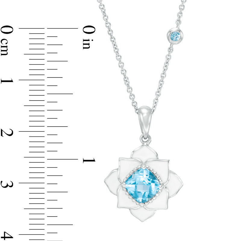 Cushion-Cut Swiss Blue Topaz with White Enamel Lotus Pendant in Sterling Silver