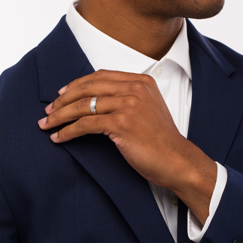 Main Image 2 of Men's 6.0mm Brushed Grooved-Edge Wedding Band in Platinum - Size 10
