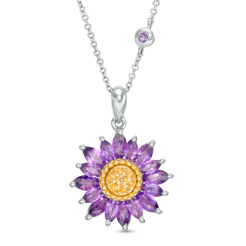 Marquise Amethyst and Citrine Chrysanthemum Pendant in 10K Two-Tone Gold