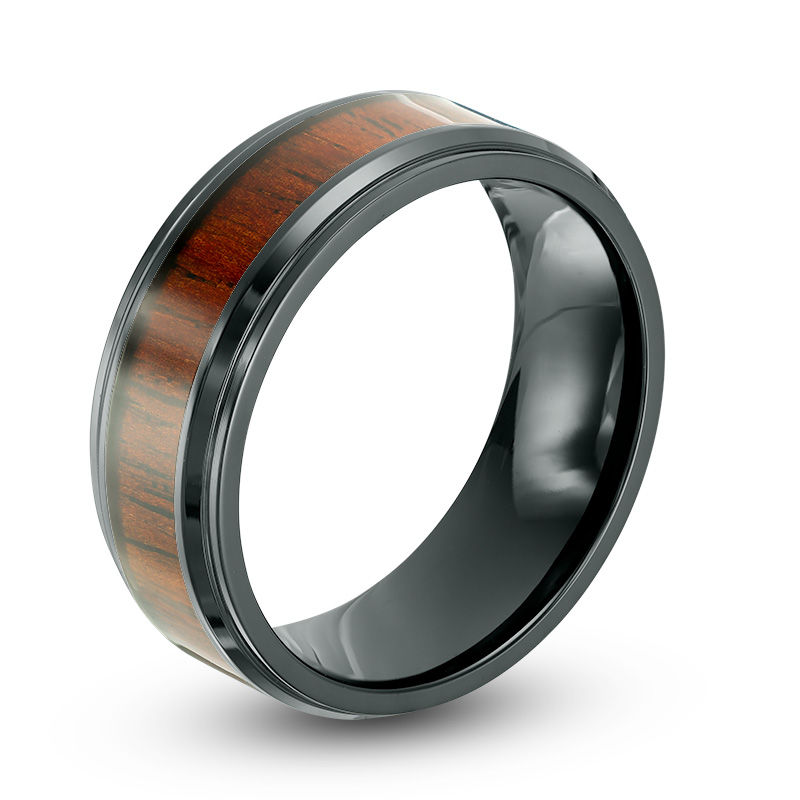 Wood Pattern Inlay Center Stainless Steel Band Ring