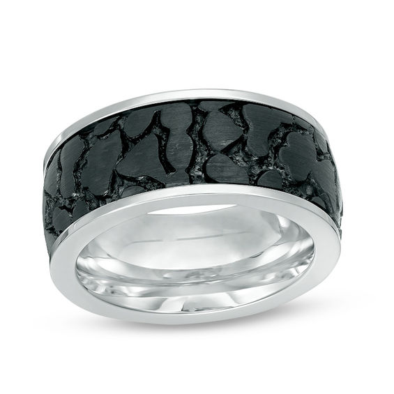 Men's 9.0mm Pebble-Centre Textured Wedding Band in Black IP Stainless Steel - Size 10 Men's 9.0mm Pebble-Centre Textured Wedding Band in Black IP Stainless Steel - Size 10