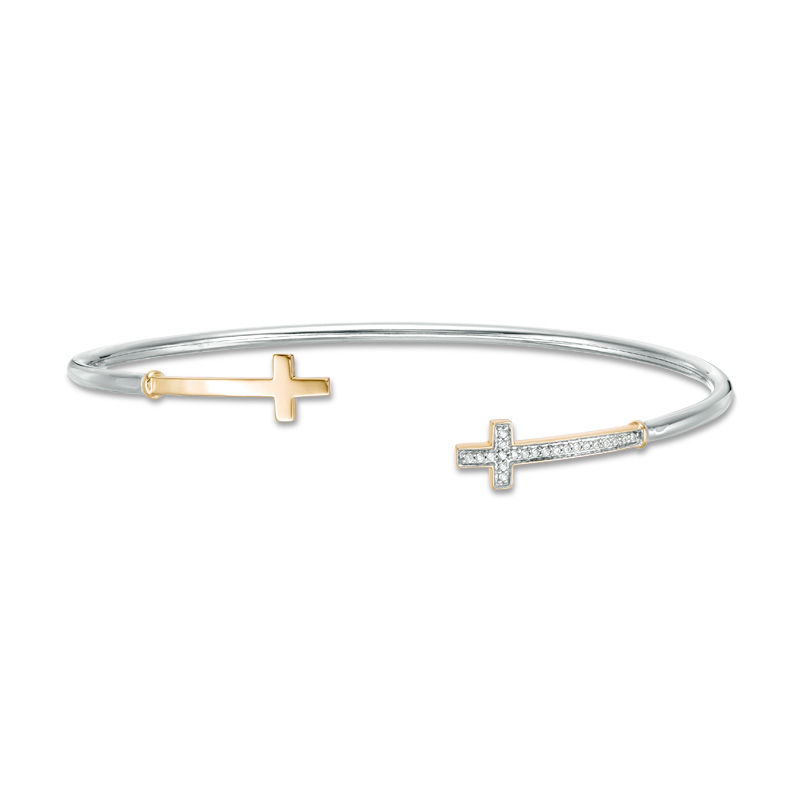 Main Image 1 of 0.065 CT. T.W. Diamond Cross Flex Bangle in Sterling Silver and 10K Gold