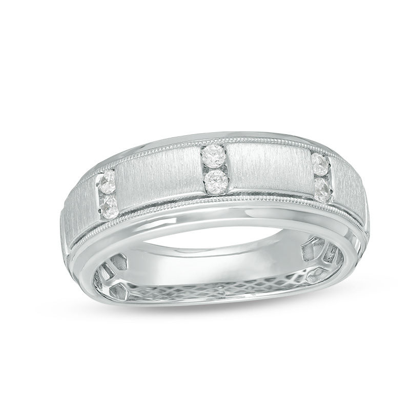 Main Image 1 of 0.15 CT. T.W. Diamond Three Station Vintage-Style Wedding Band in 10K White Gold - Size 10