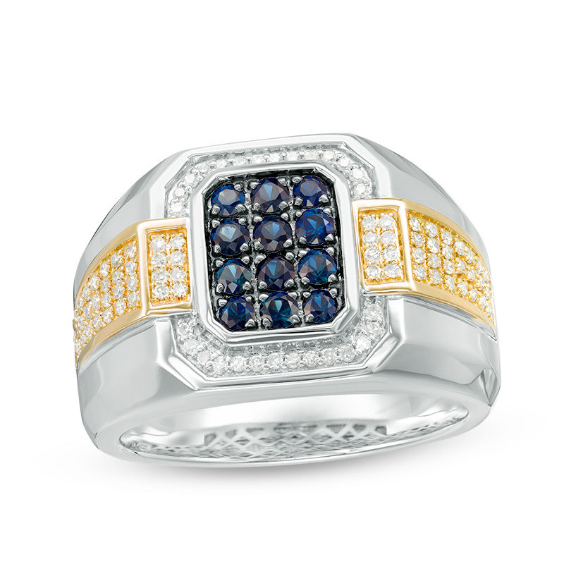 Men's Blue Sapphire and 0.25 CT. T.W. Diamond Signet Ring in 10K Two-Tone Gold