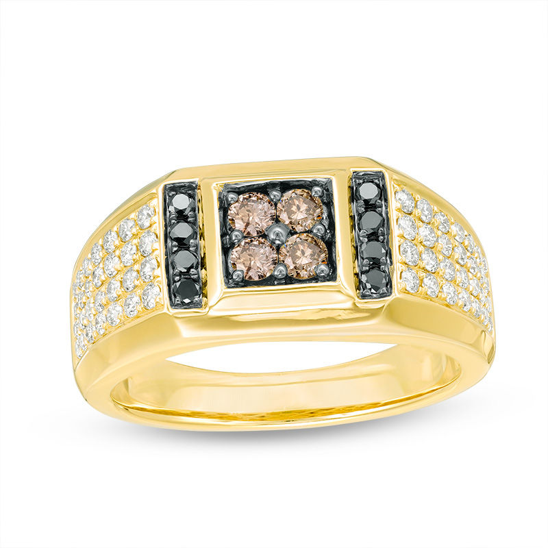 Men's 1.00 CT. T.W. Enhanced Black, Champagne and White Diamond Signet Ring in 10K Gold|Peoples Jewellers