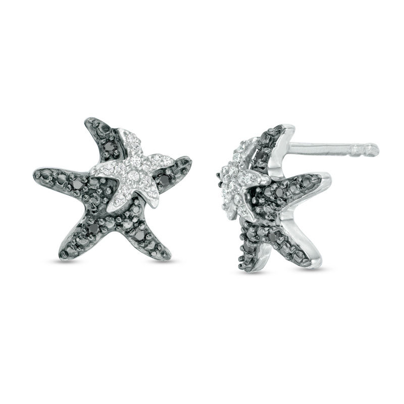 0.12 CT. T.W. Enhanced Black and White Diamond Starfish Stud Earrings in Sterling Silver