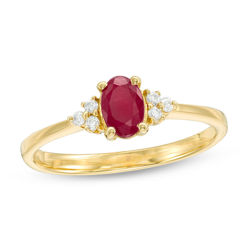 Oval Ruby and Diamond Accent Tri-Sides Ring in 10K Gold