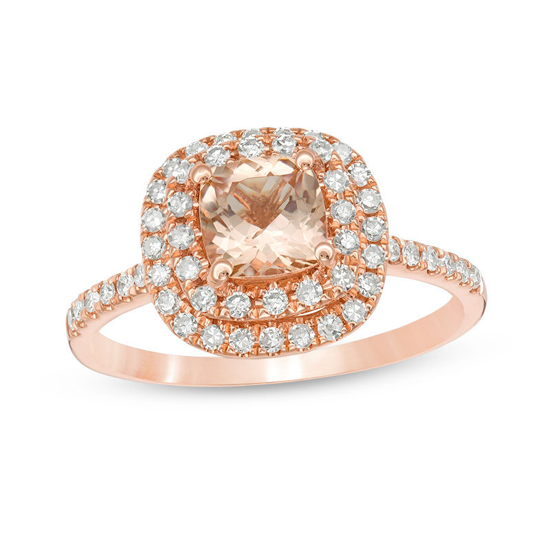 6.0mm Cushion-Cut Morganite and 0.35 CT. T.W. Diamond Double Frame Ring in 10K Rose Gold