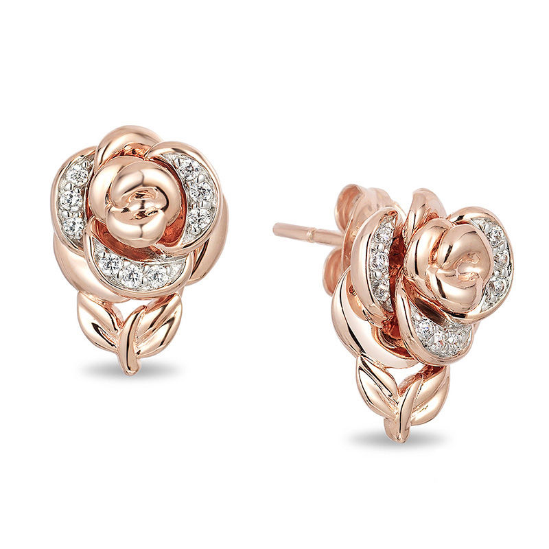 Enchanted Disney Belle 0.08 CT. T.W. Diamond Rose Stud Earrings in 10K Rose Gold