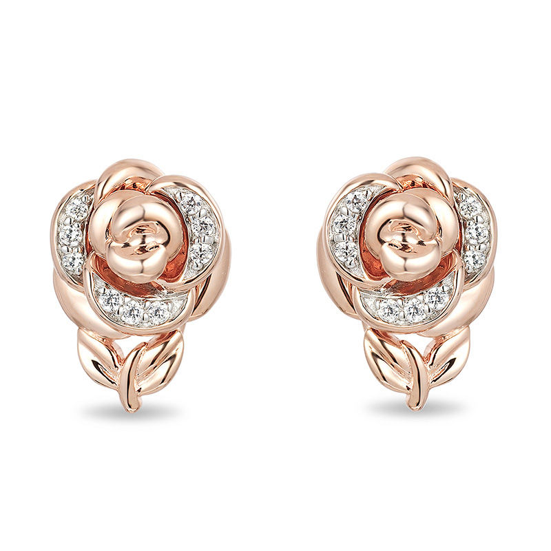 Enchanted Disney Belle 0.08 CT. T.W. Diamond Rose Stud Earrings in 10K Rose Gold