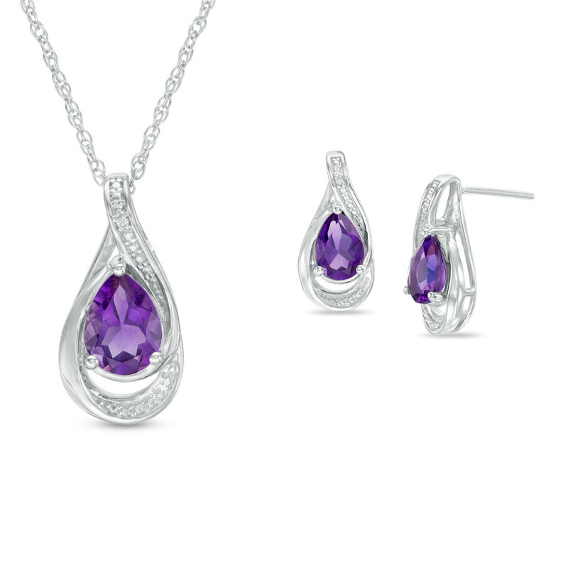 Main Image 1 of Amethyst and Lab-Created White Sapphire Teardrop Swirl Frame Pendant and Drop Earrings Set in Sterling Silver