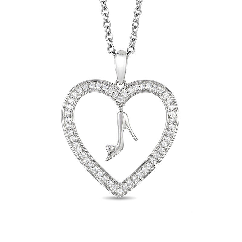 Enchanted Disney Cinderella 0.18 CT. T.W. Diamond Glass Slipper and Heart Pendant in Sterling Silver - 19"|Peoples Jewellers