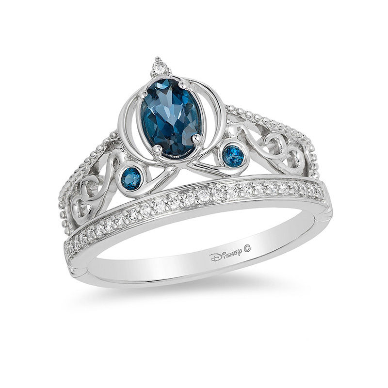 Enchanted Disney Cinderella Oval London Blue Topaz and 0.085 CT. T.W. Diamond Carriage Ring in Sterling Silver - Size 7|Peoples Jewellers