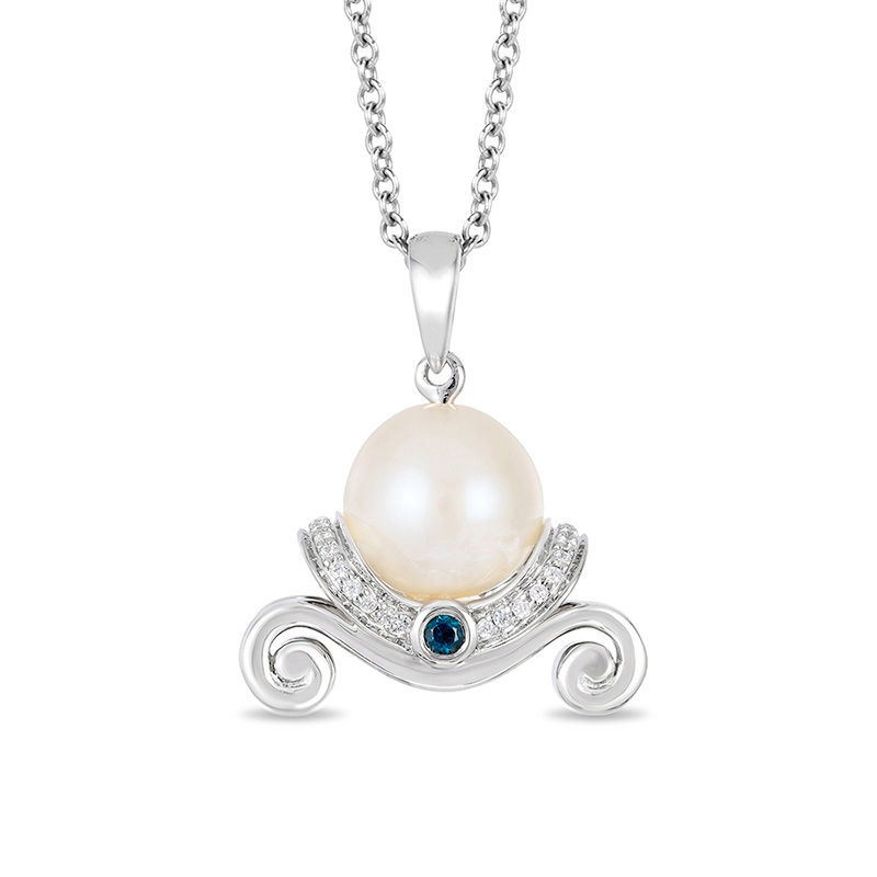 Enchanted Disney Cinderella Cultured Freshwater Pearl, Blue Topaz and Diamond Pendant in Sterling Silver - 19"