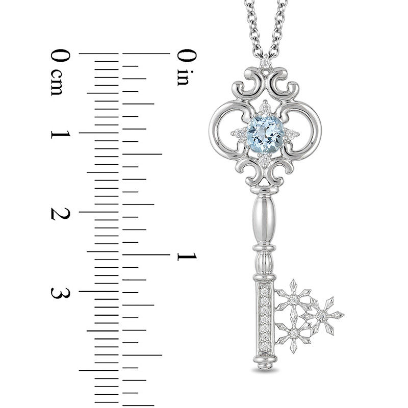 Enchanted Disney Elsa 5.0mm Aquamarine and 0.085 CT. T.W. Diamond Key Pendant in Sterling Silver - 19"|Peoples Jewellers