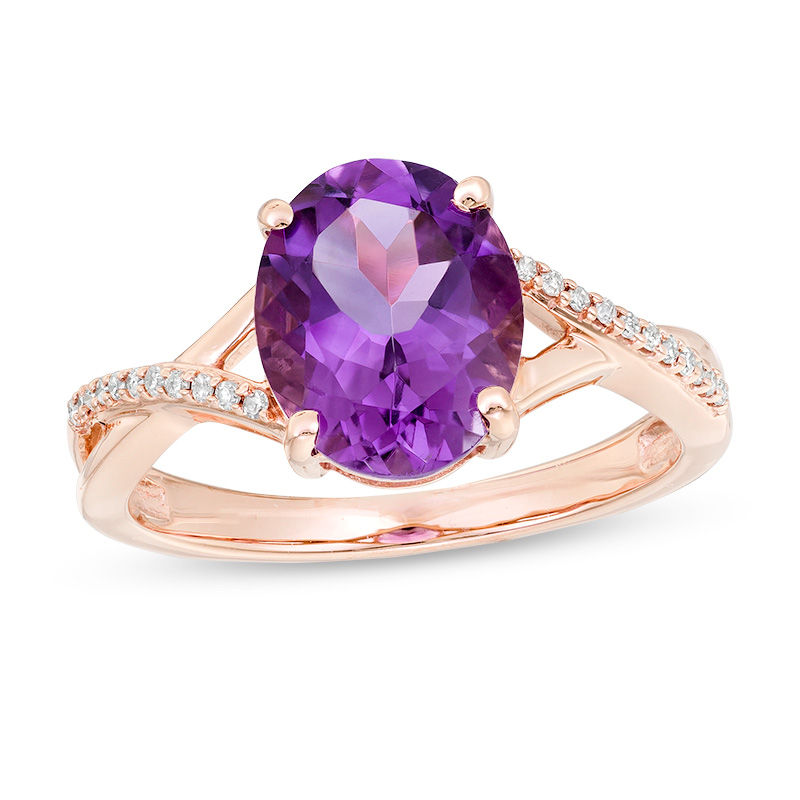 Oval Amethyst and 0.05 CT. T.W. Diamond Twist Shank Ring in 10K Rose Gold