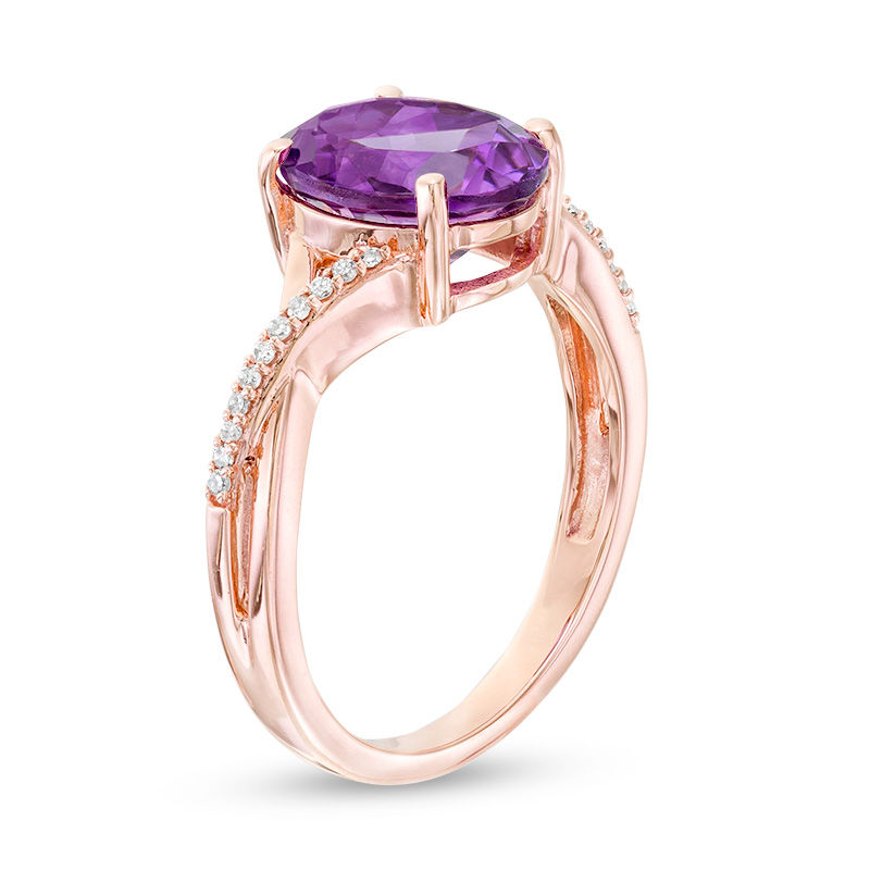 Oval Amethyst and 0.05 CT. T.W. Diamond Twist Shank Ring in 10K Rose ...